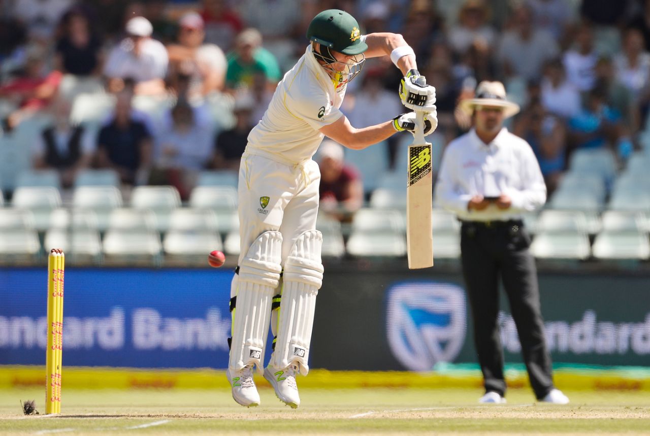 Steven Smith is airborne while defending, South Africa v Australia, 3rd Test, Cape Town, 2nd day, March 23, 2018