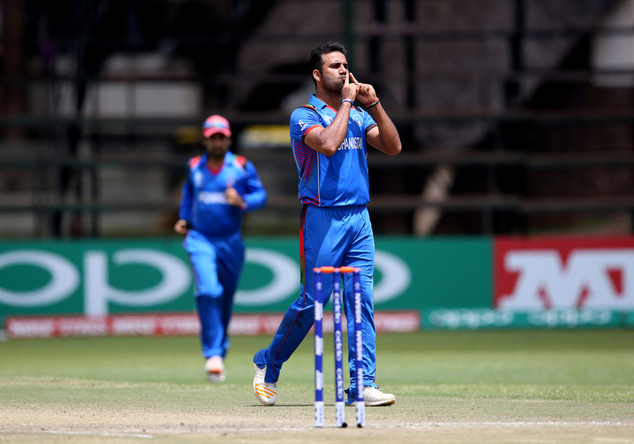 Dawlat Zadran is pumped up after taking a wicket, Ireland v Afghanistan, World Cup Qualifiers, Harare, 23 March, 2018
