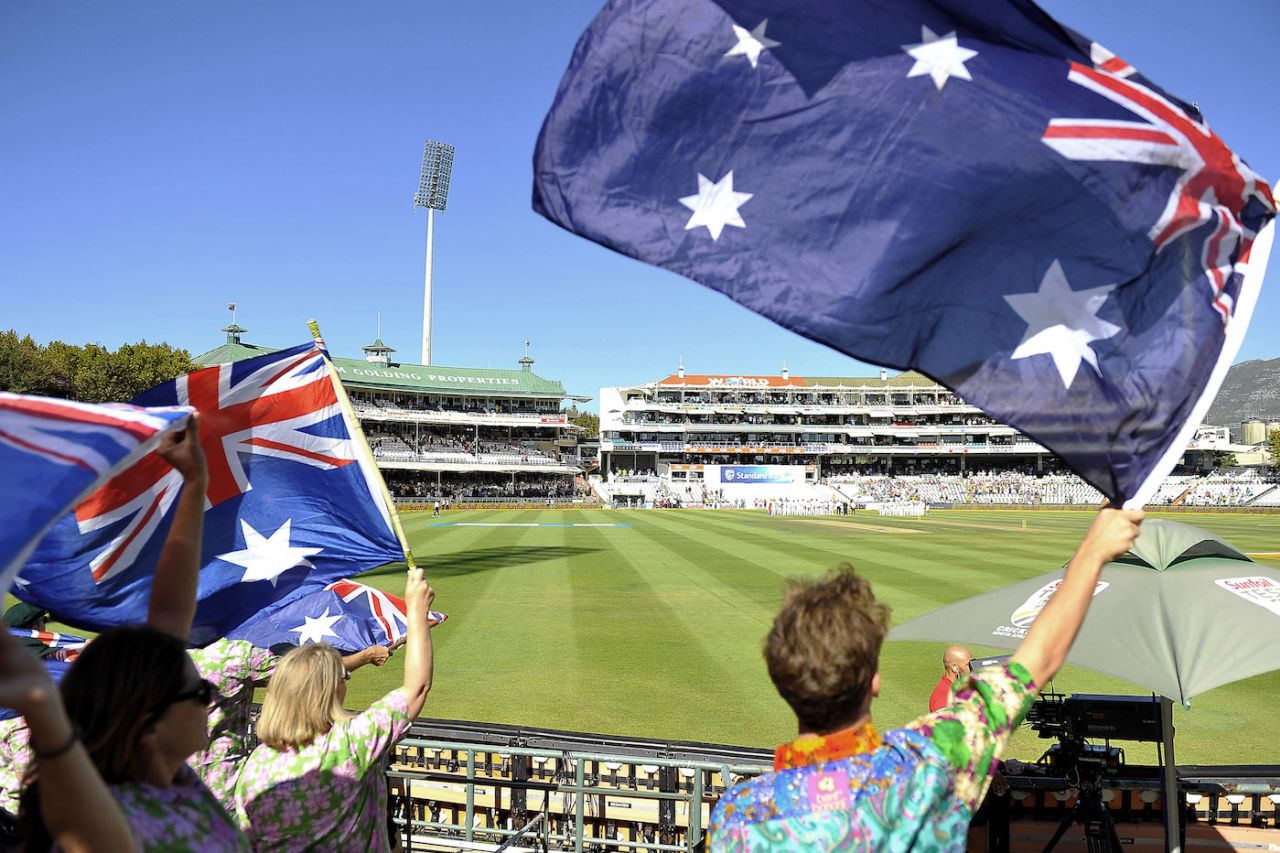 Spectators wave the Australian flag at Newlands, South Africa v Australia, 3rd Test, Cape Town, 1st day, March 22, 2018
