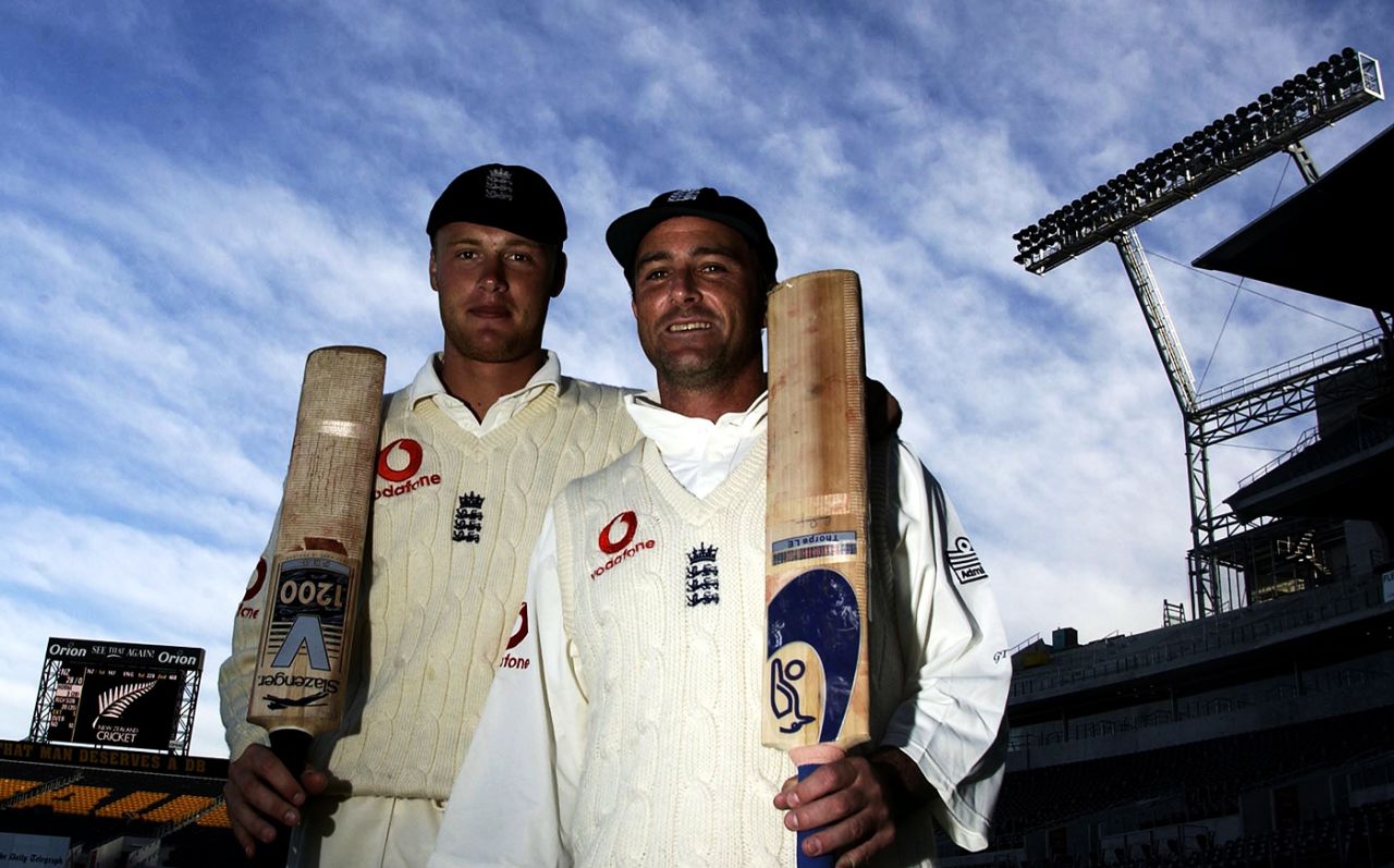 Andrew Flintoff and Graham Thorpe pose for photos after making 281 for the sixth wicket, New Zealand v England, 1st Test, Christchurch, 3rd day, March 15, 2002