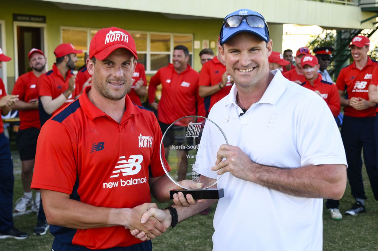 North captain Steve Mullaney receives the trophy from Andrew Strauss, North v South, 3rd match, Barbados, March 23, 2018