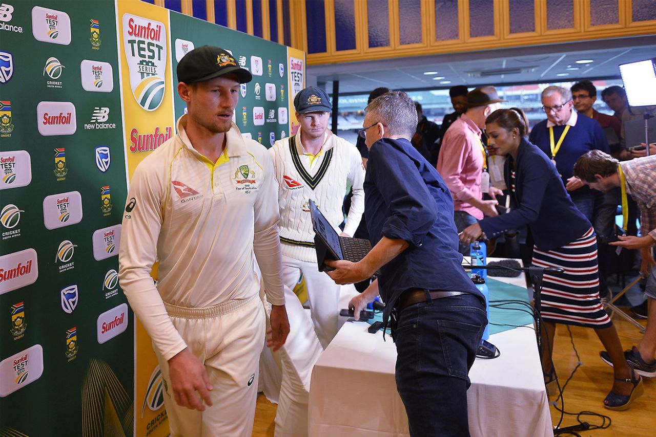 Cameron Bancroft and Steven Smith leave the press conference where they admitted to ball tampering, South Africa v Australia, 3rd Test, Cape Town, 3rd day, March 24, 2018