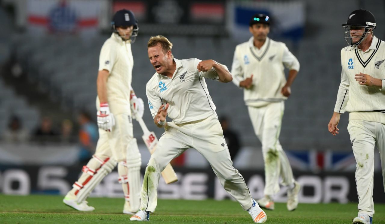 Neil Wagner is pumped after dismissing Mark Stoneman, New Zealand v England, 1st Test, Auckland, 4th day, March 25, 2018