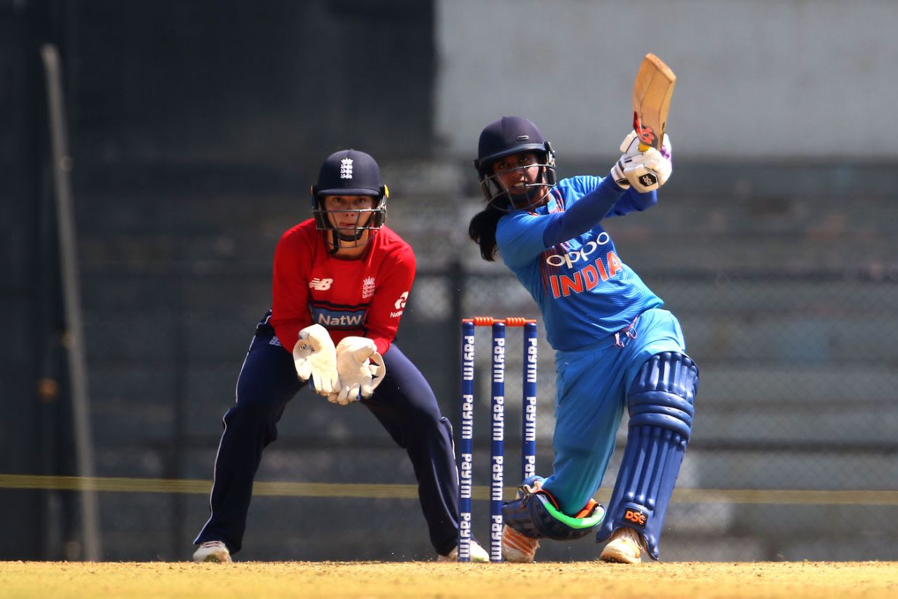 Mithali Raj launches the ball down the ground, India v England, Tri-Nation Women's T20 Series, Mumbai, March 25, 2018