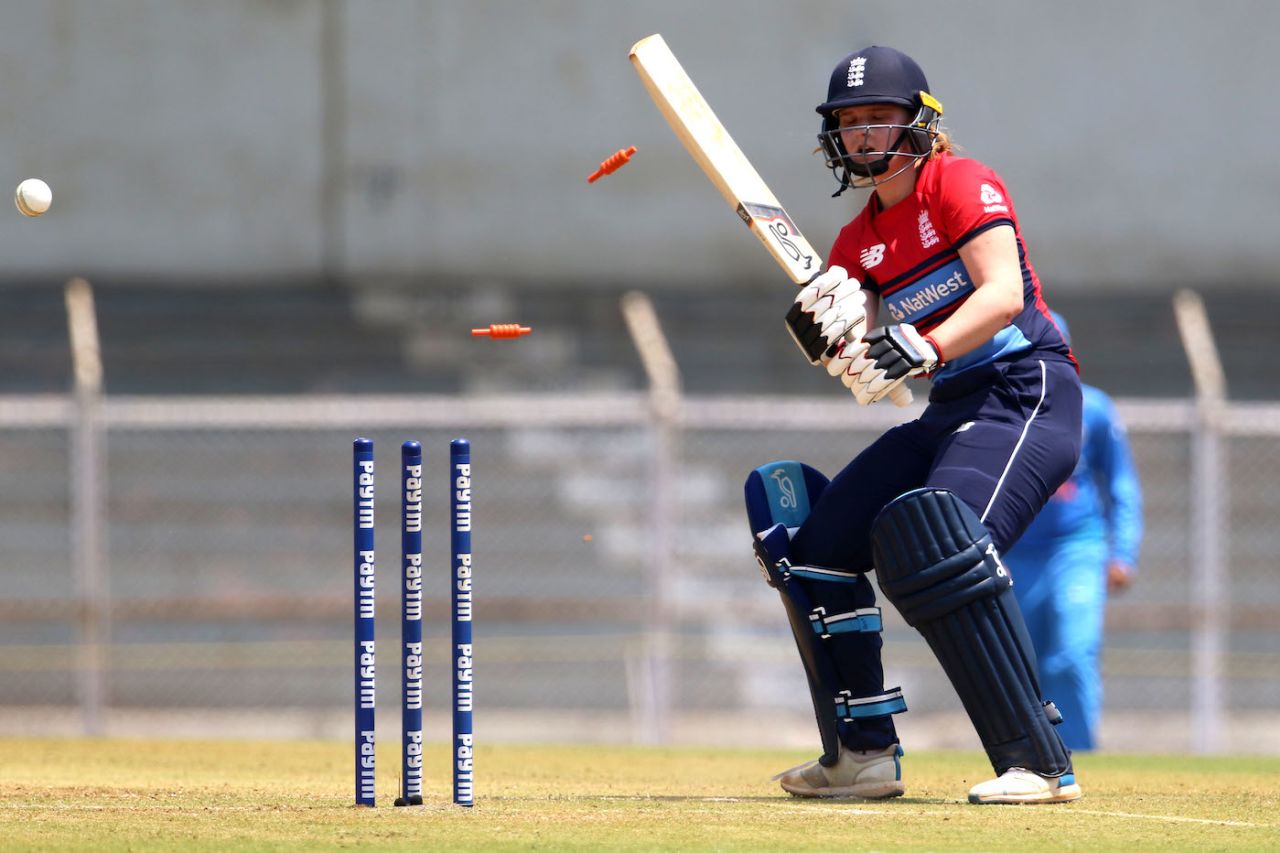 Bryony Smith dragged the ball on to her stumps, India v England, Tri-Nation Women's T20 Series, Mumbai, March 25, 2018