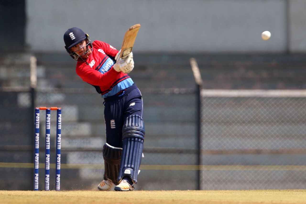 Danielle Wyatt smashes the ball away, India v England, Tri-Nation Women's T20 Series, Mumbai, March 25, 2018