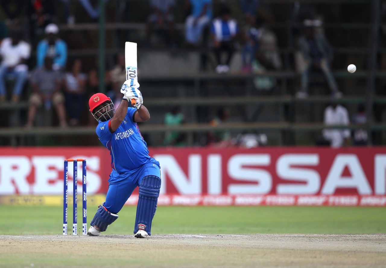 Mohammad Shahzad slams one down the ground, Afghanistan v West Indies, World Cup Qualifier, final, Harare, March 25, 2018