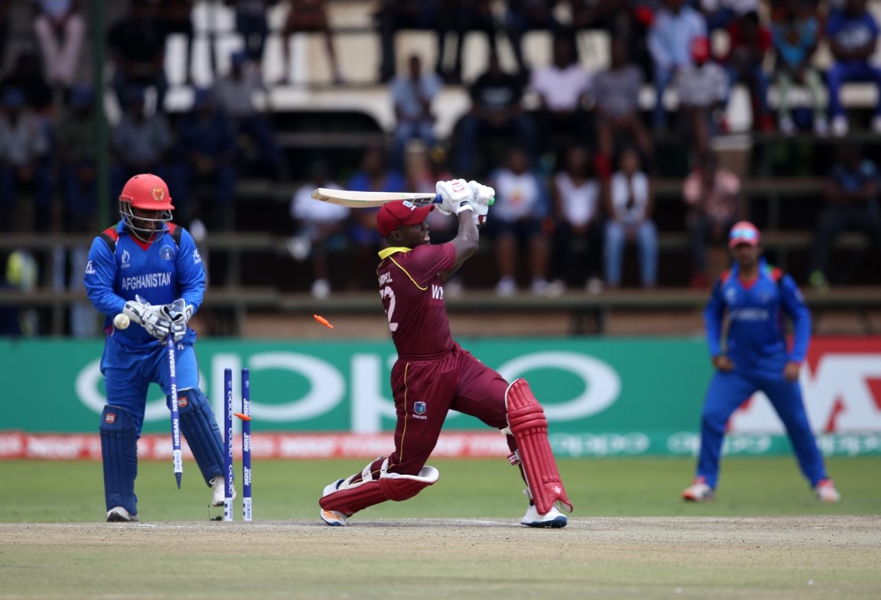 Rovman Powell was bowled trying to force a shot, Afghanistan v West Indies, World Cup Qualifier, final, Harare, March 25, 2018