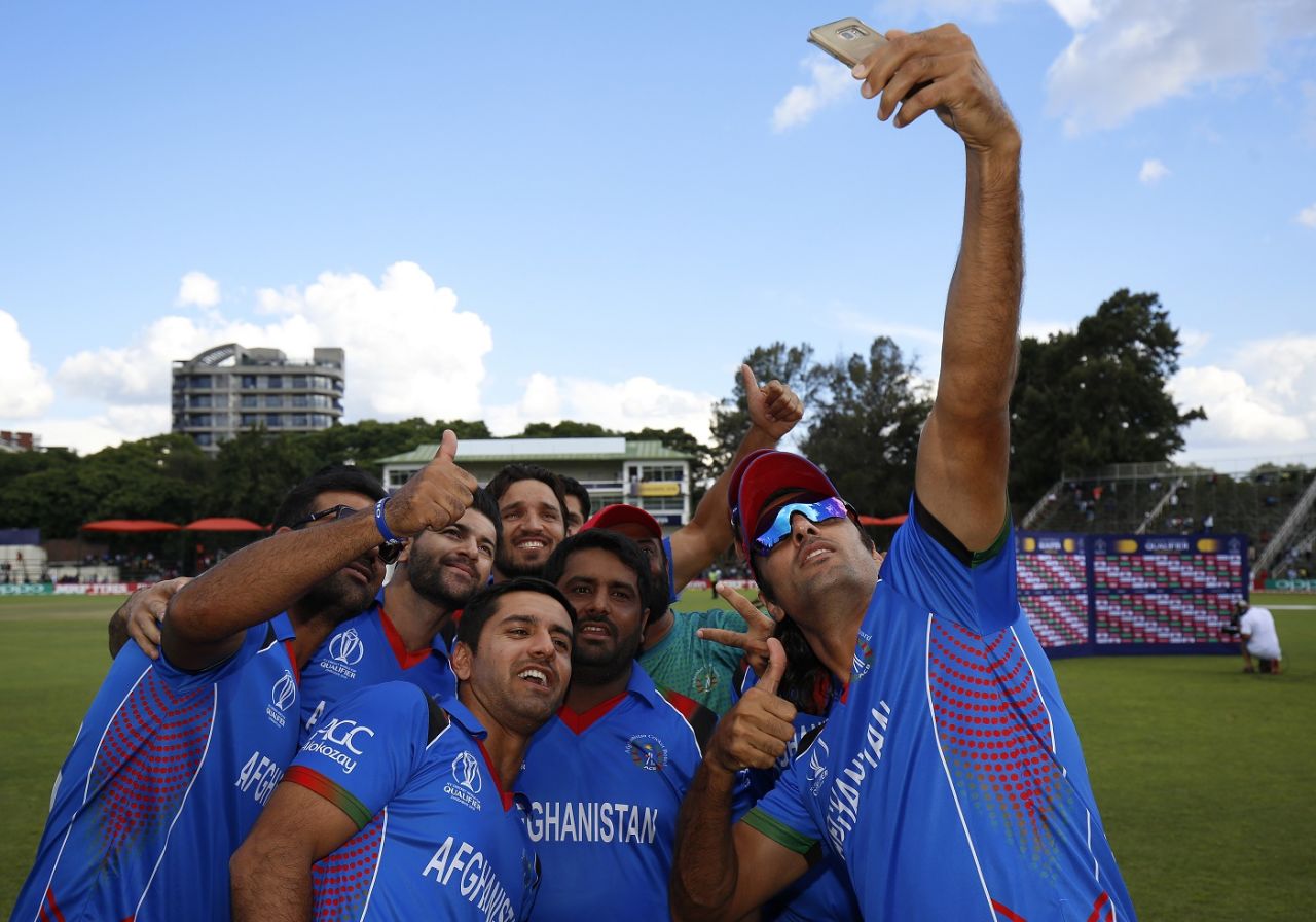 Afghanistan's players celebrate their win with a selfie, Afghanistan v West Indies, World Cup Qualifier, final, Harare, March 25, 2018