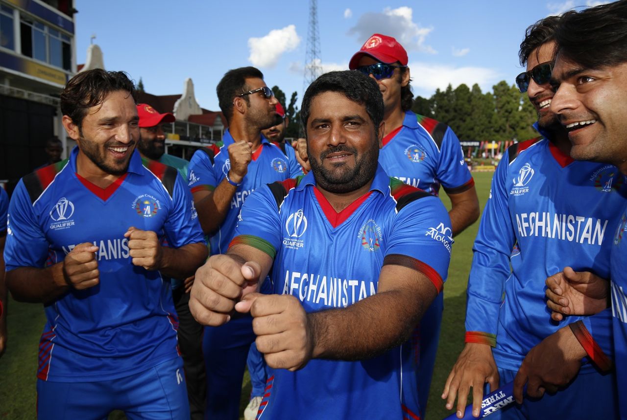 Afghanistan's players perform the <i>Champion</i> dance to celebrate their victory, Afghanistan v West Indies, World Cup Qualifier, final, Harare, March 25, 2018