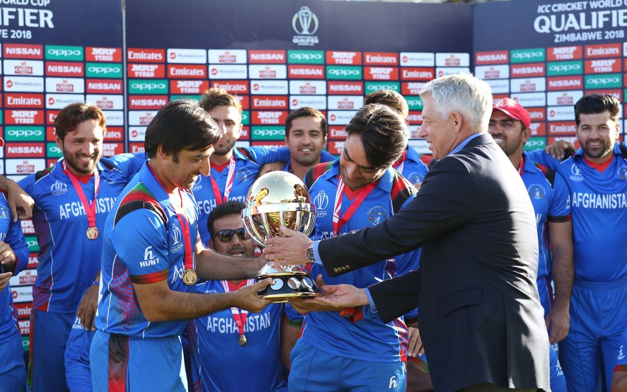ICC CEO David Richardson presents Afghanistan with the trophy, Afghanistan v West Indies, World Cup Qualifier, final, Harare, March 25, 2018