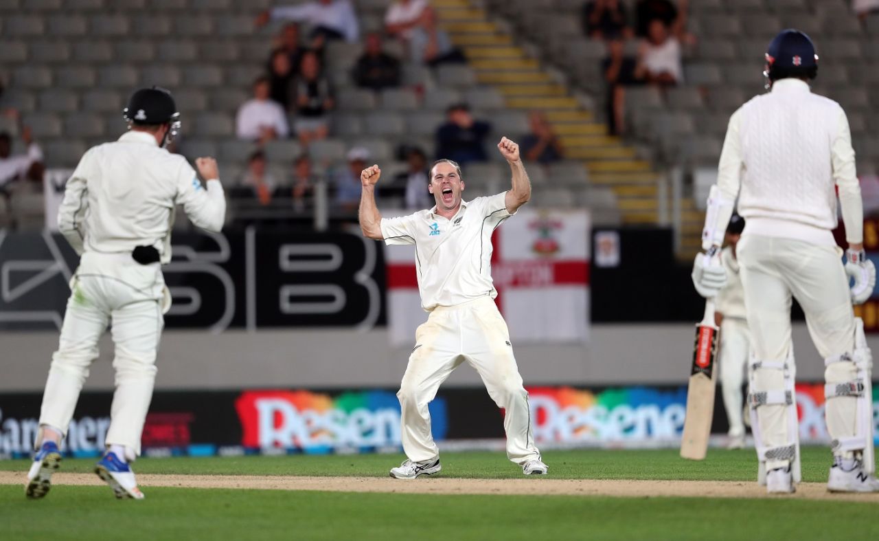 Todd Astle is ecstatic after dismissing Craig Overton, New Zealand v England, 1st Test, Auckland, 5th day, March 26, 2018