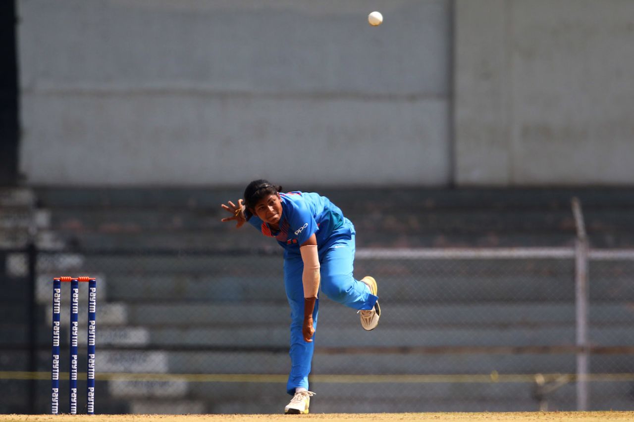 Radha Yadav flights the ball, India v Australia, Tri-Nation Women's T20 Series, Mumbai, March 26, 2018