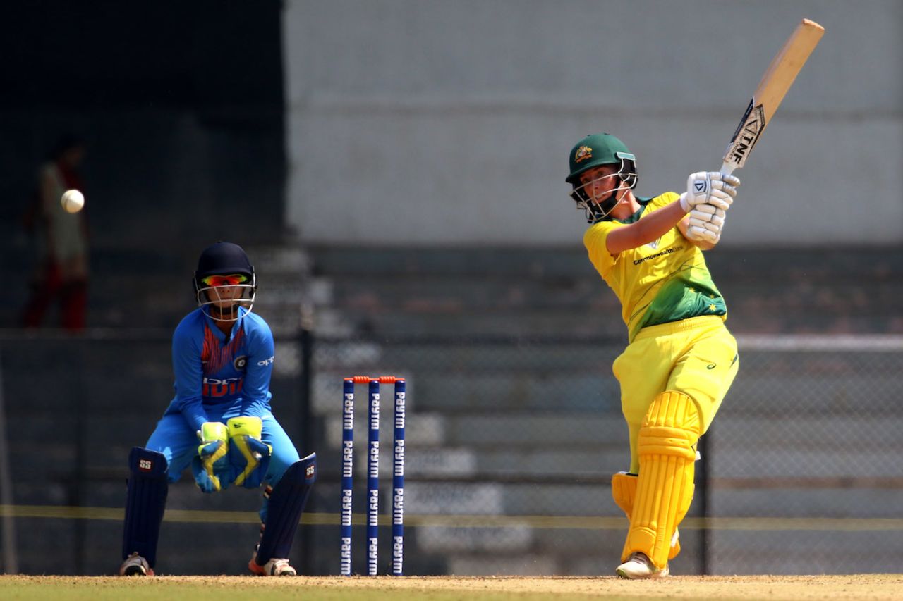 Elyse Villani flays the ball away, India v Australia, Tri-Nation Women's T20 Series, Mumbai, March 26, 2018