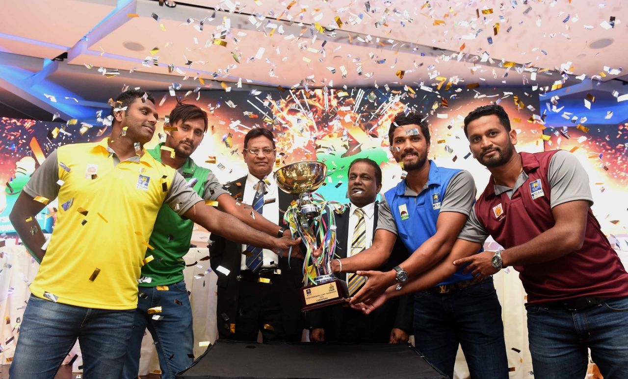 The four captains pose with the new Super Provincial Tournament trophy, Colombo, March 27, 2018