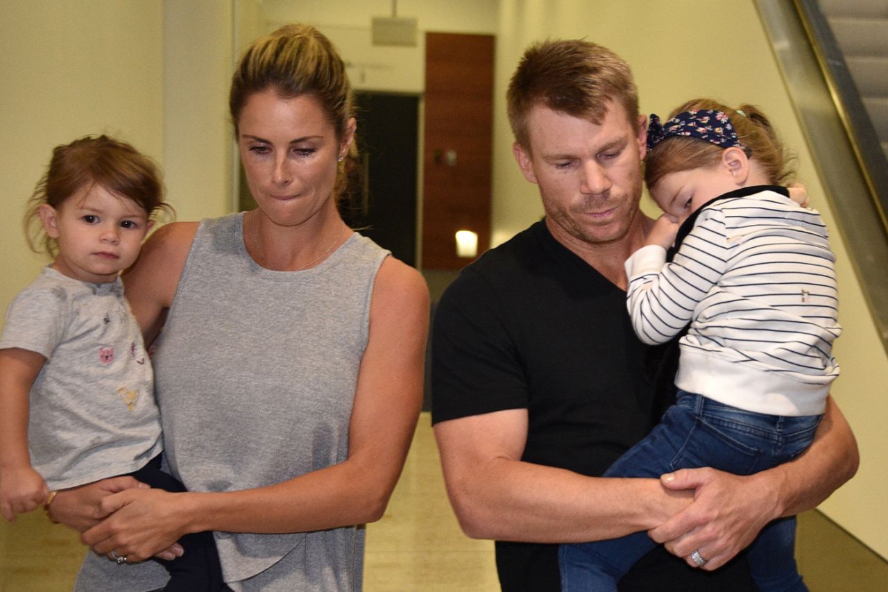 David Warner arrives in Sydney with his wife and children, Sydney, March 29, 2018