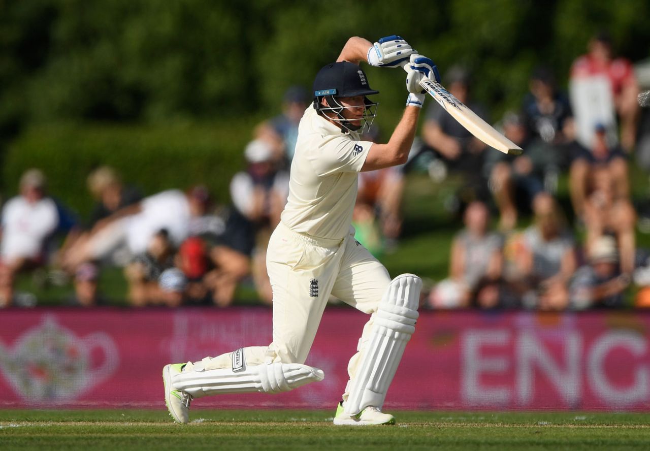 Jonny Bairstow steps out to drive on his way to fifty, New Zealand v England, 2nd Test, Christchurch, 1st day, March 30, 2018