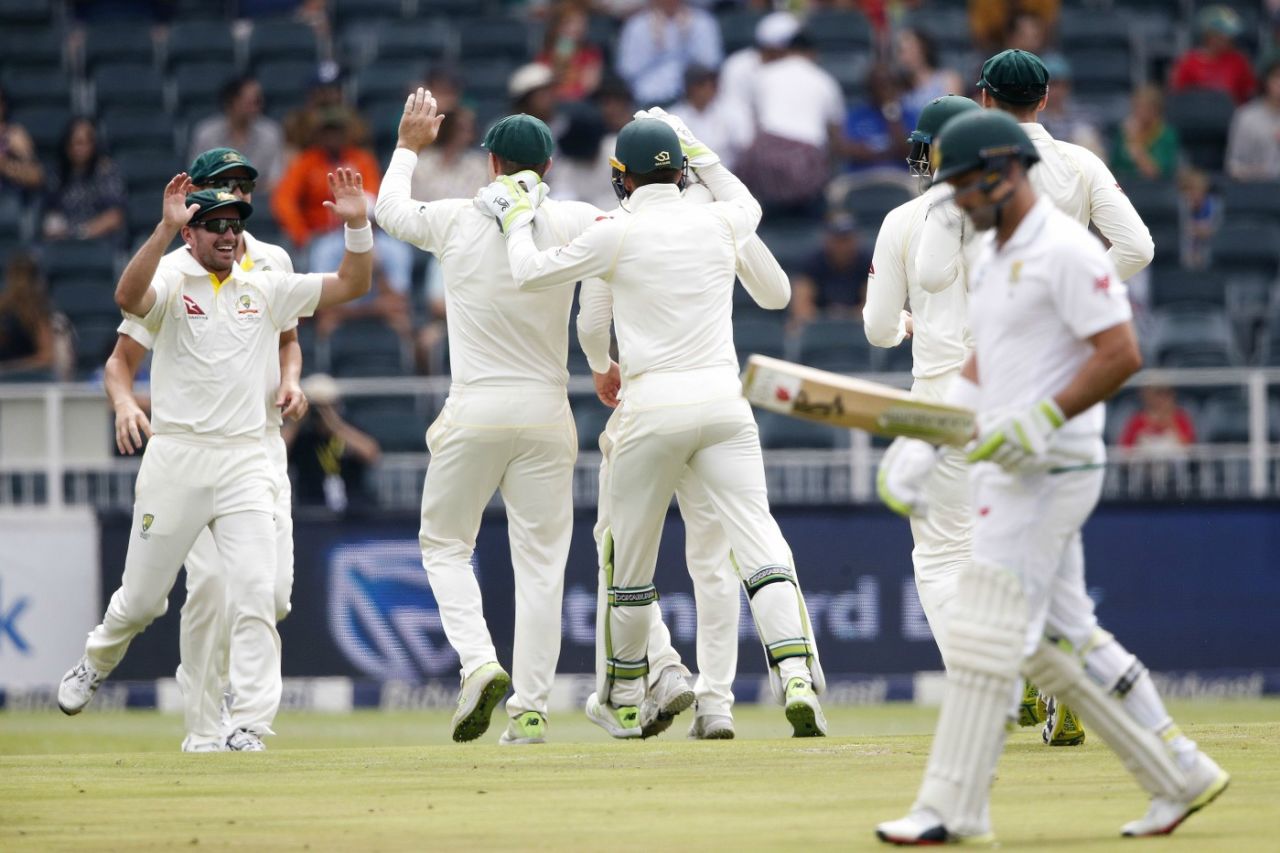 Australia celebrate Dean Elgar's wicket, South Africa v Australia, 4th Test, Johannesburg, 1st day, March 30, 2018