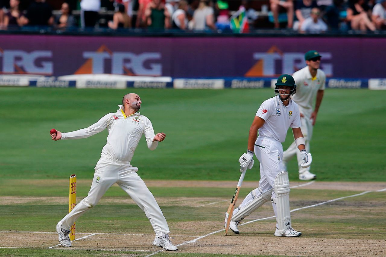 Nathan Lyon in his delivery stride, South Africa v Australia, 4th Test, Johannesburg, 1st day, March 30, 2018