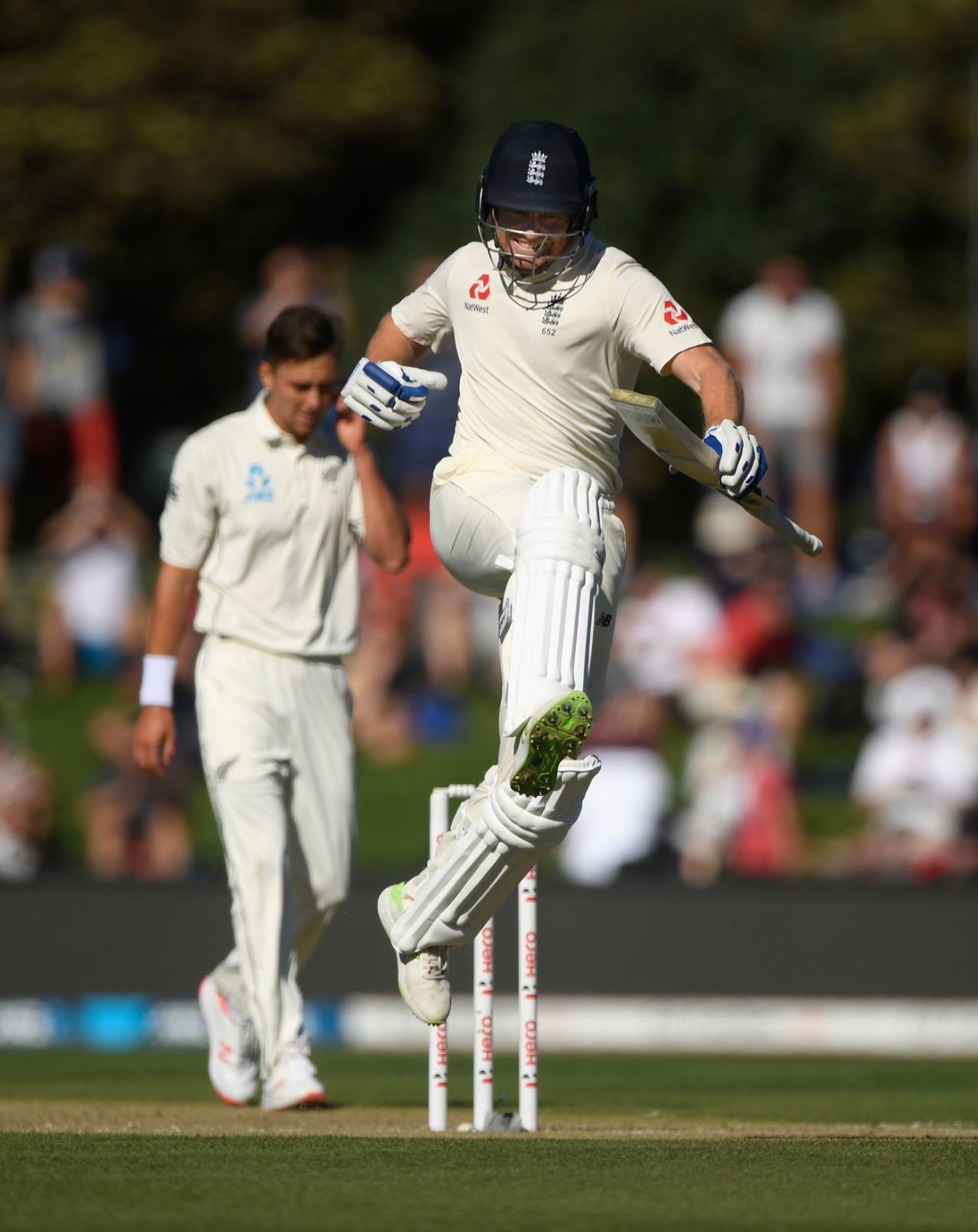 Jonny Bairstow punches the air as he runs through to reach three figures, New Zealand v England, 2nd Test, Christchurch, 2nd day, March 31, 2018