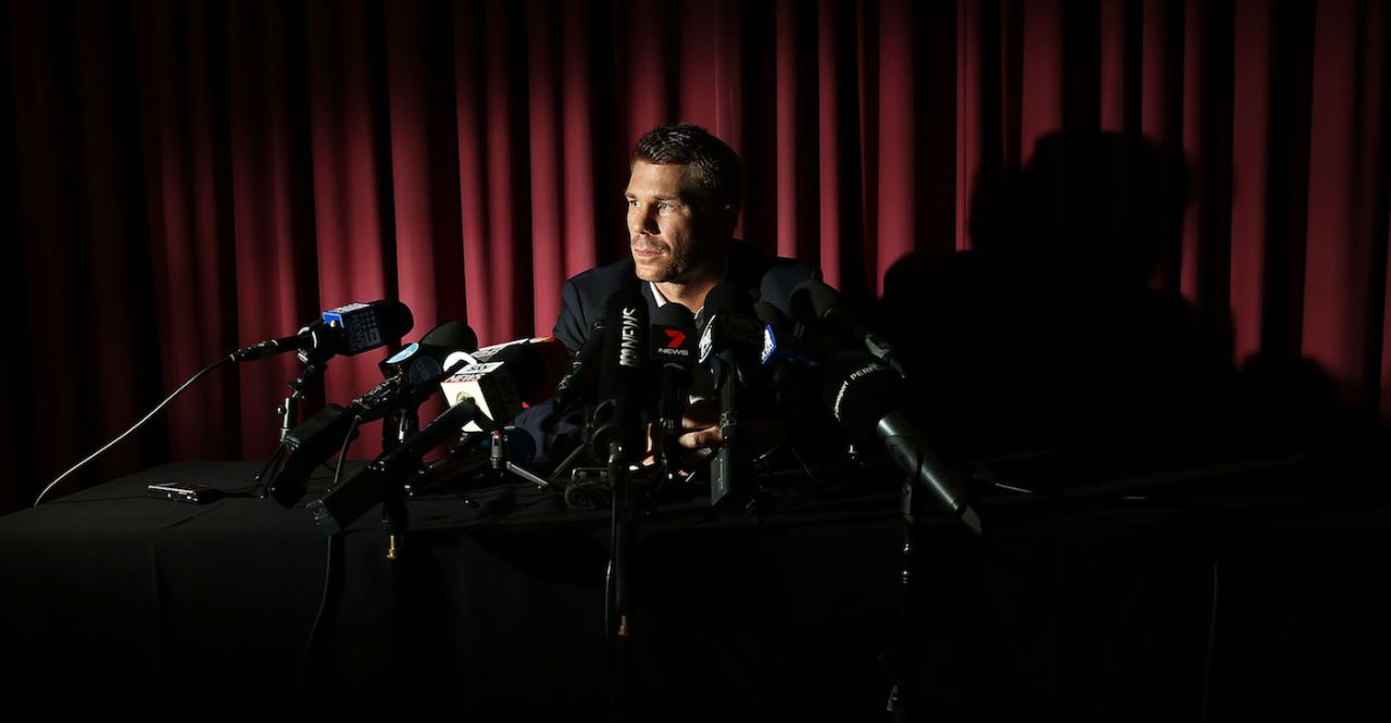 David Warner at his first press conference a week after the ball-tampering scandal in Cape Town, Sydney, March 31, 2018