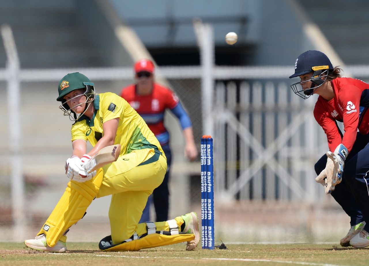 Meg Lanning crunches a sweep, Australia v England, Tri-Nations T20 Women's series, final, Mumbai, March 31, 2018