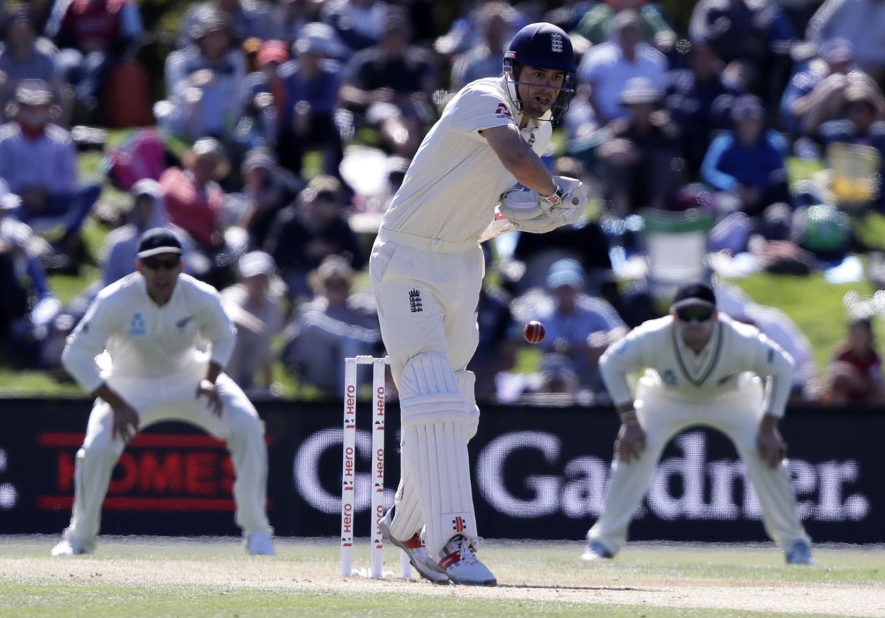 Alastair Cook faces up to the new ball, New Zealand v England, 2nd Test, Christchurch, 3rd day, April 1, 2018