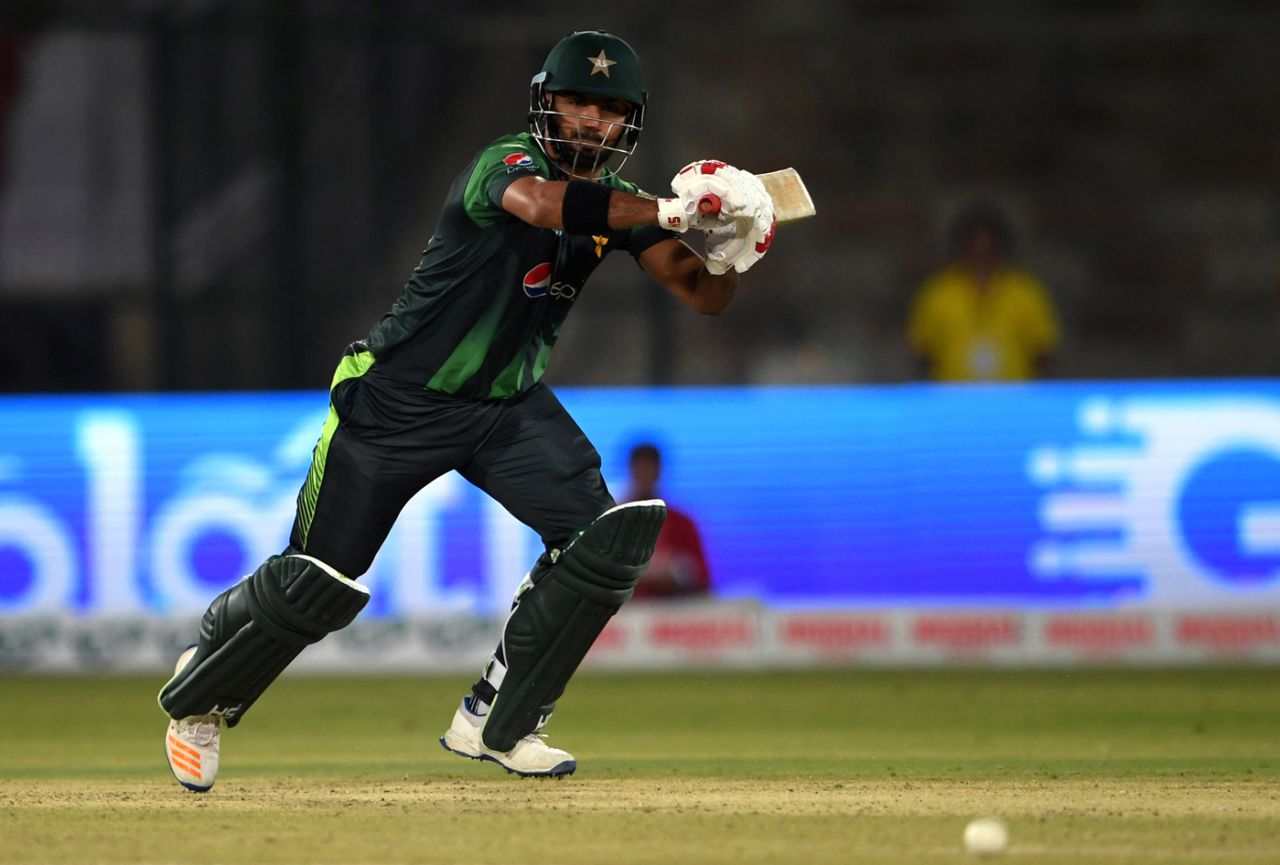 Hussain Talat watches the ball as he sets off for a run, Pakistan v West Indies, 1st T20I, Karachi, April 1, 2018