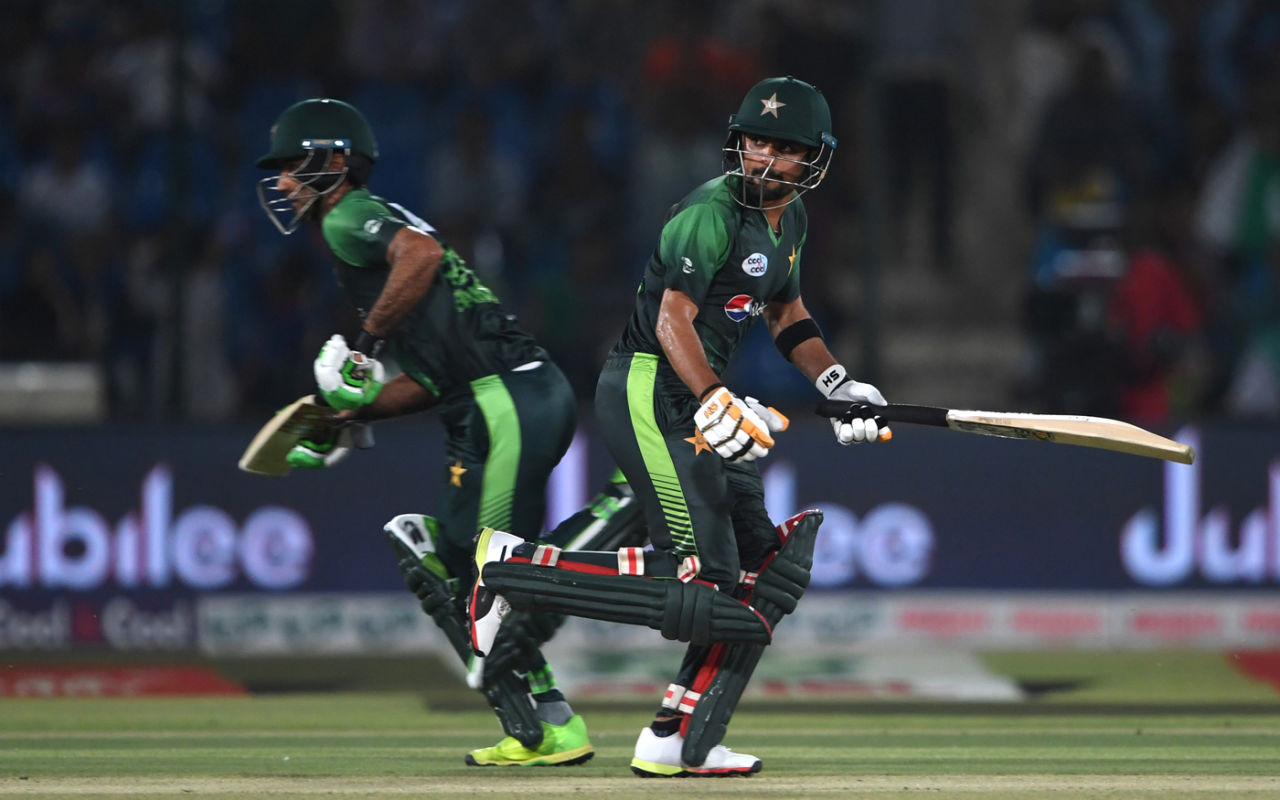 Fakhar Zaman and Babar Azam run between the wickets, Pakistan v West Indies, 1st T20I, Karachi, April 1, 2018