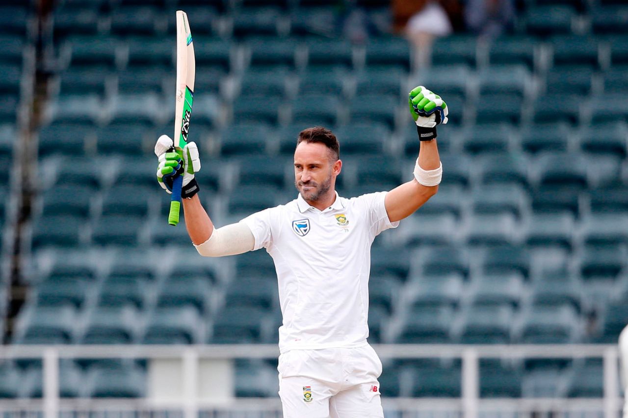 Faf du Plessis raises his arms to celebrate his century, South Africa v Australia, 4th Test, 4th day, Johannesburg, April 2, 2018