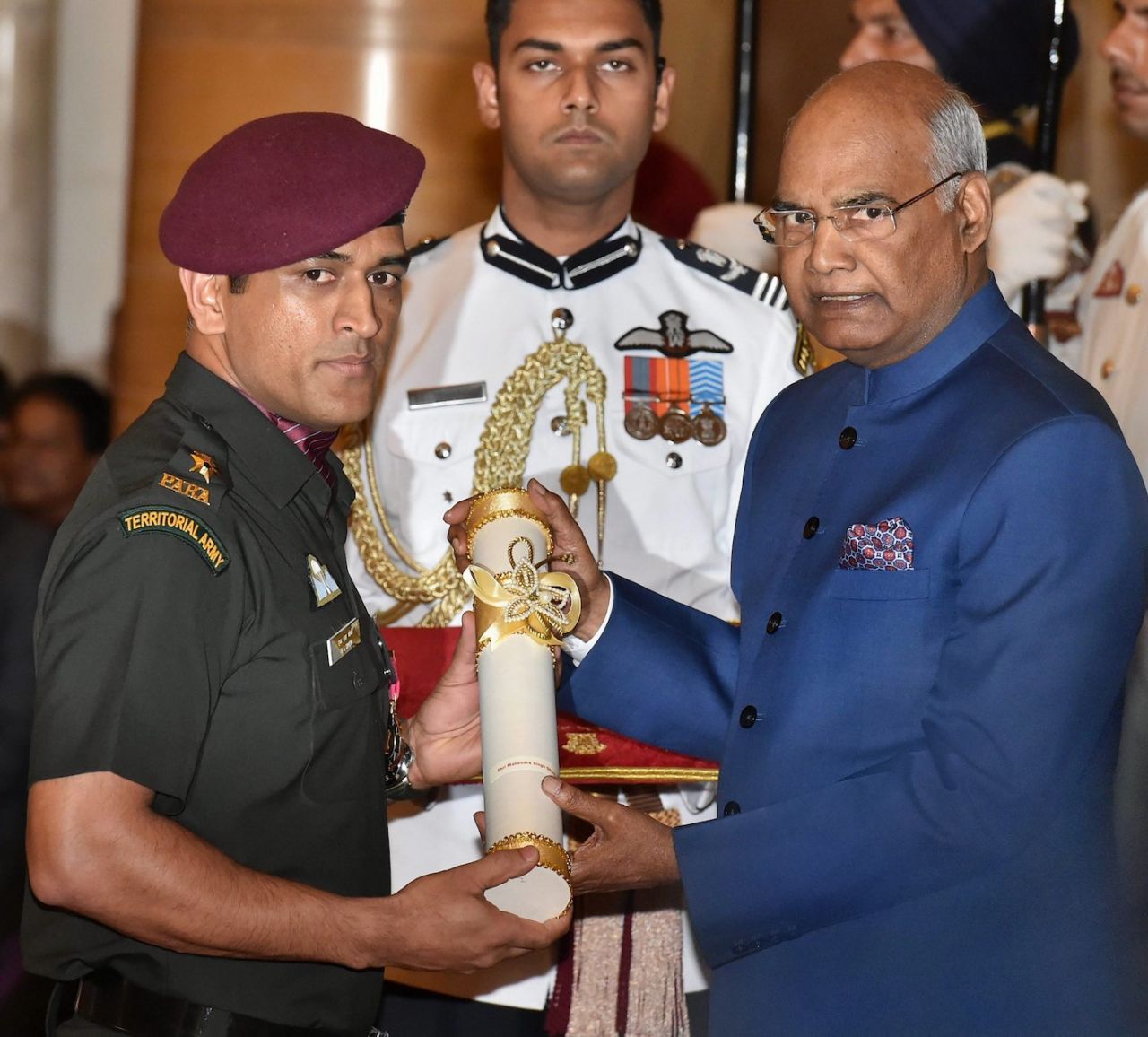 MS Dhoni received the Padma Bhushan award from the President of India, New Delhi, April 2, 2018