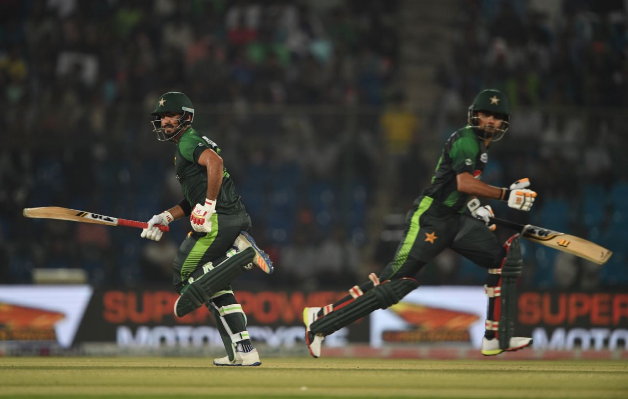 Babar Azam and Hussain Talat  run between the wickets, Pakistan v West Indies, 2nd T20I, Karachi, April 2, 2018