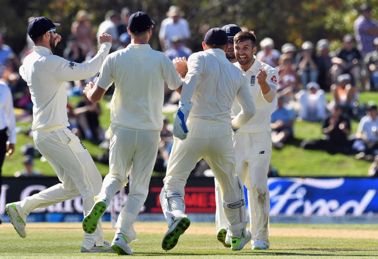 Mark Wood celebrates his dismissal of BJ Watling, New Zealand v England, 2nd Test, Christchurch, 5th day, April 3, 2018