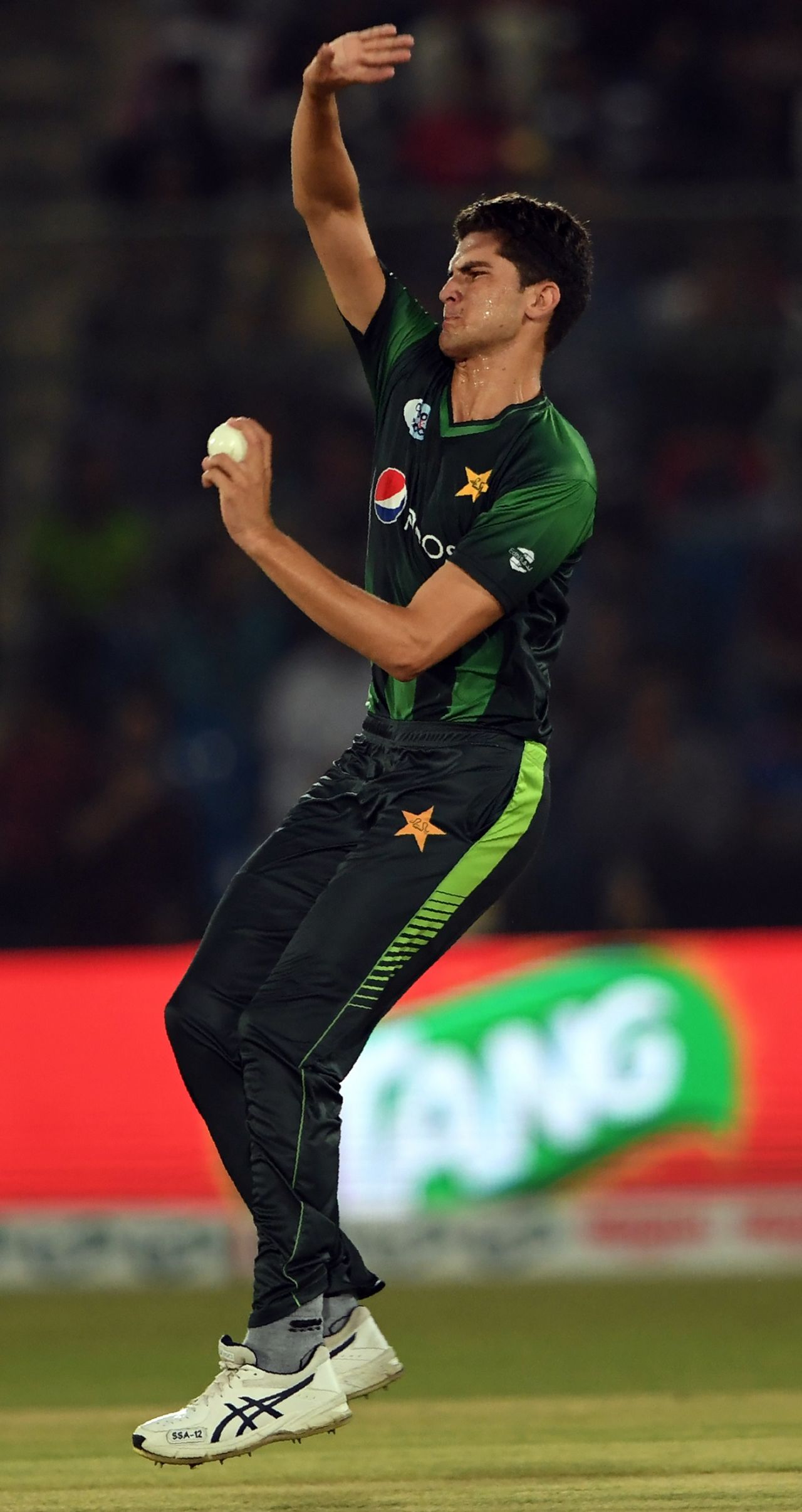 Shaheen Afridi in his delivery stride, Pakistan v West Indies, 3rd T20I, Karachi, April 3, 2018