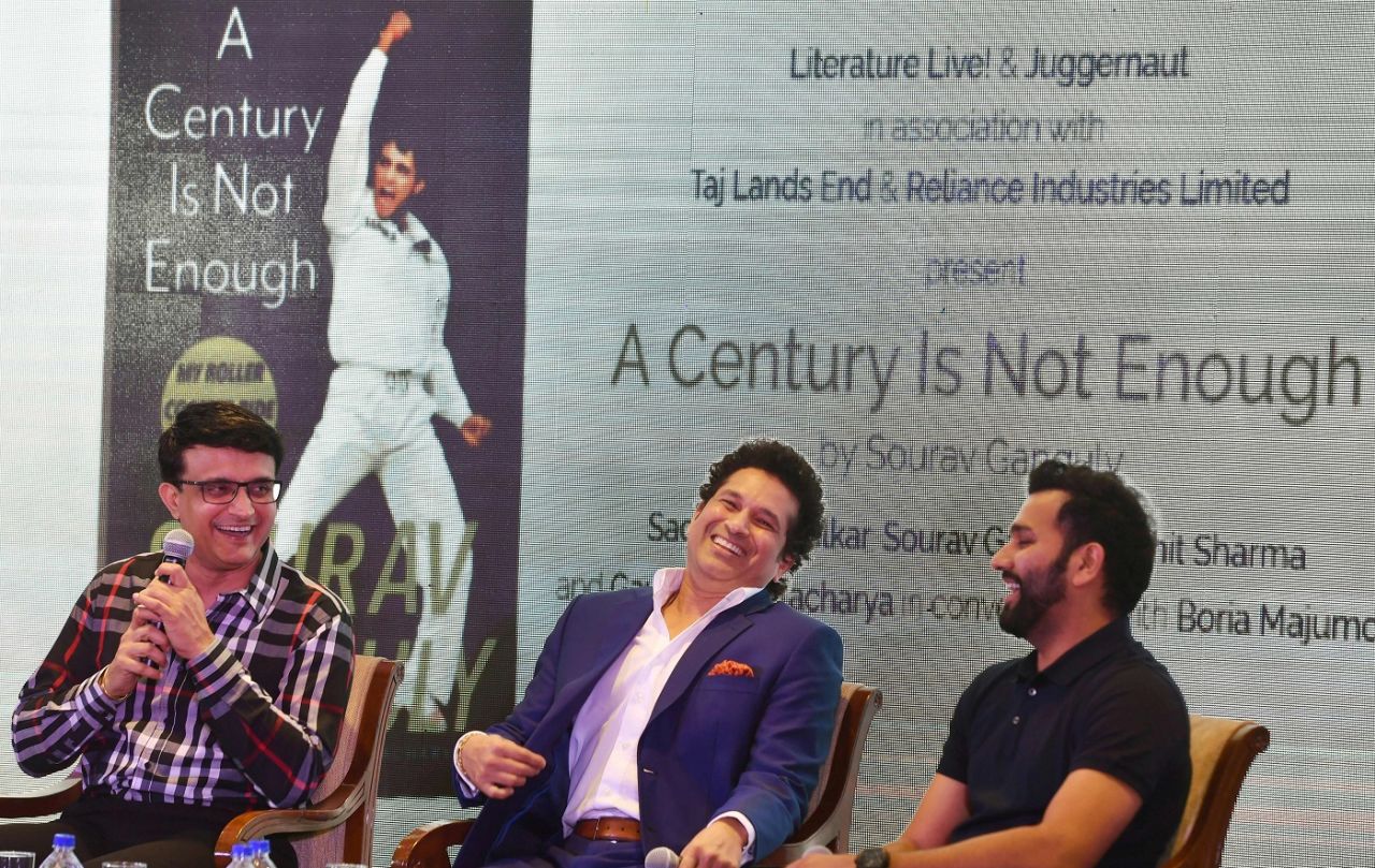 Sourav Ganguly, Sachin Tendulkar and Rohit Sharma at a book launch, Mumbai, April 4, 2018