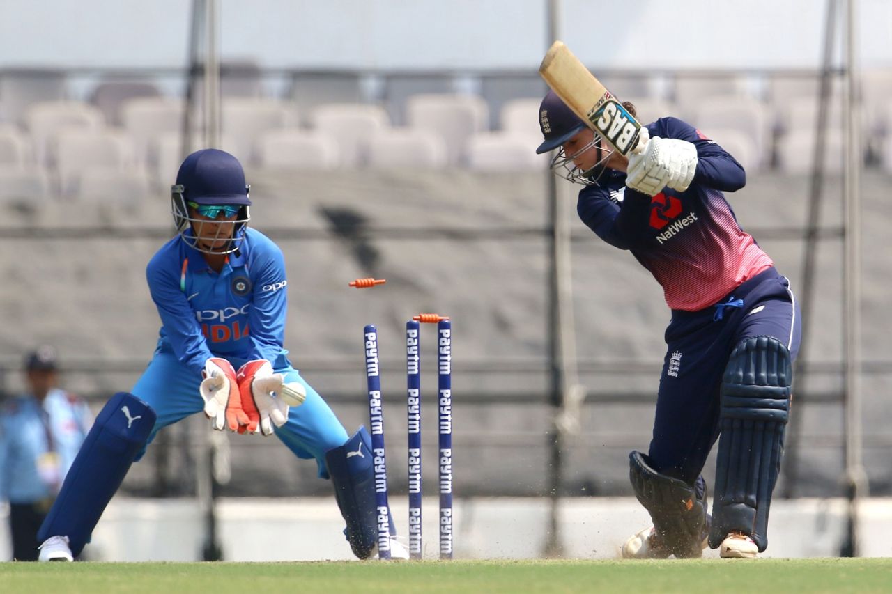 Georgia Elwiss is bowled by Ekta Bisht, India women v England women, 1st ODI, Nagpur, April 6, 2018