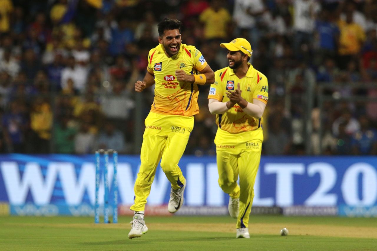Deepak Chahar claimed the first wicket of IPL 2018 by trapping Evin Lewis lbw, Mumbai Indians v Chennai Super Kings, IPL 2018, Mumbai, April 7, 2018