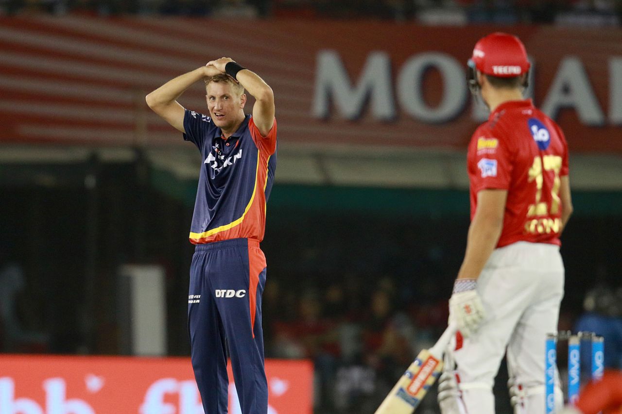 Chris Morris is puzzled after beating Marcus Stoinis, Kings XI Punjab v Delhi Daredevils, IPL 2018, Mohali, April 8, 2018