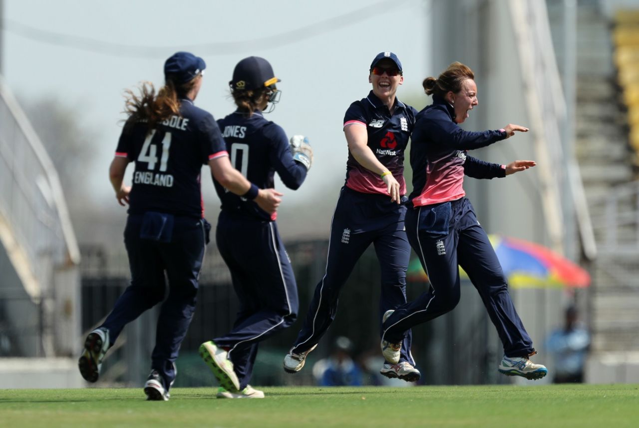 Danielle Hazel celebrates a wicket with team-mates, India v England, 2nd women's ODI, Nagpur, April 9, 2018