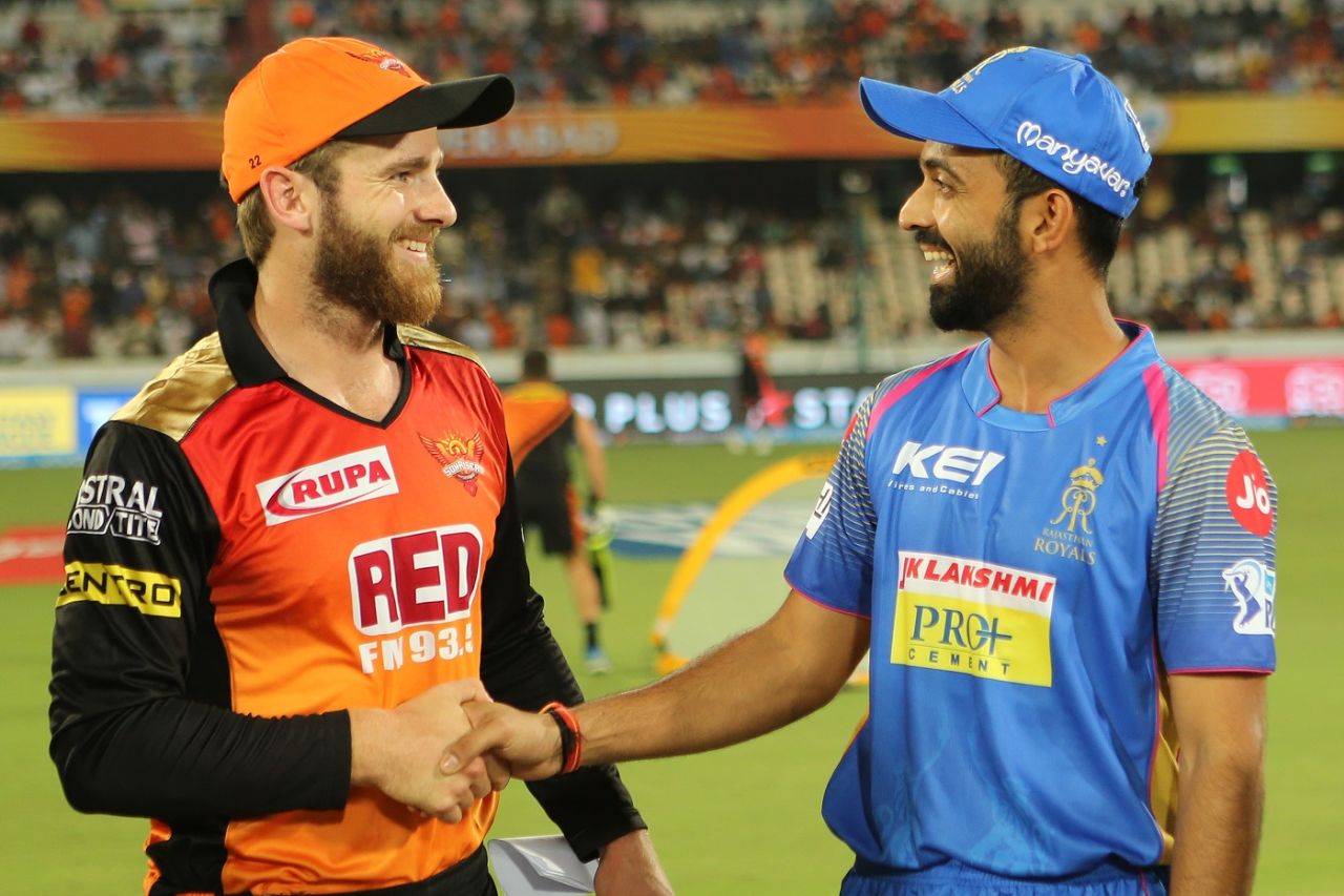 Kane Williamson and Ajinkya Rahane exchange pleasantries ahead of the match, Sunrisers Hyderabad v Rajasthan Royals, IPL 2018, Hyderabad, April 9, 2018