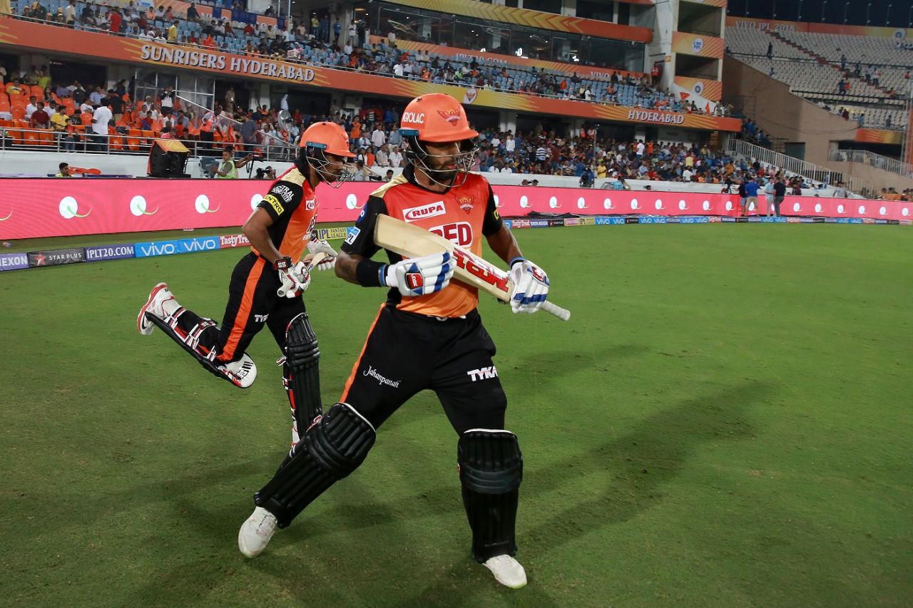 Sunrisers openers Shikhar Dhawan and Wriddhiman Saha stride out to bat, Sunrisers Hyderabad v Rajasthan Royals, IPL 2018, Hyderabad, April 9, 2018