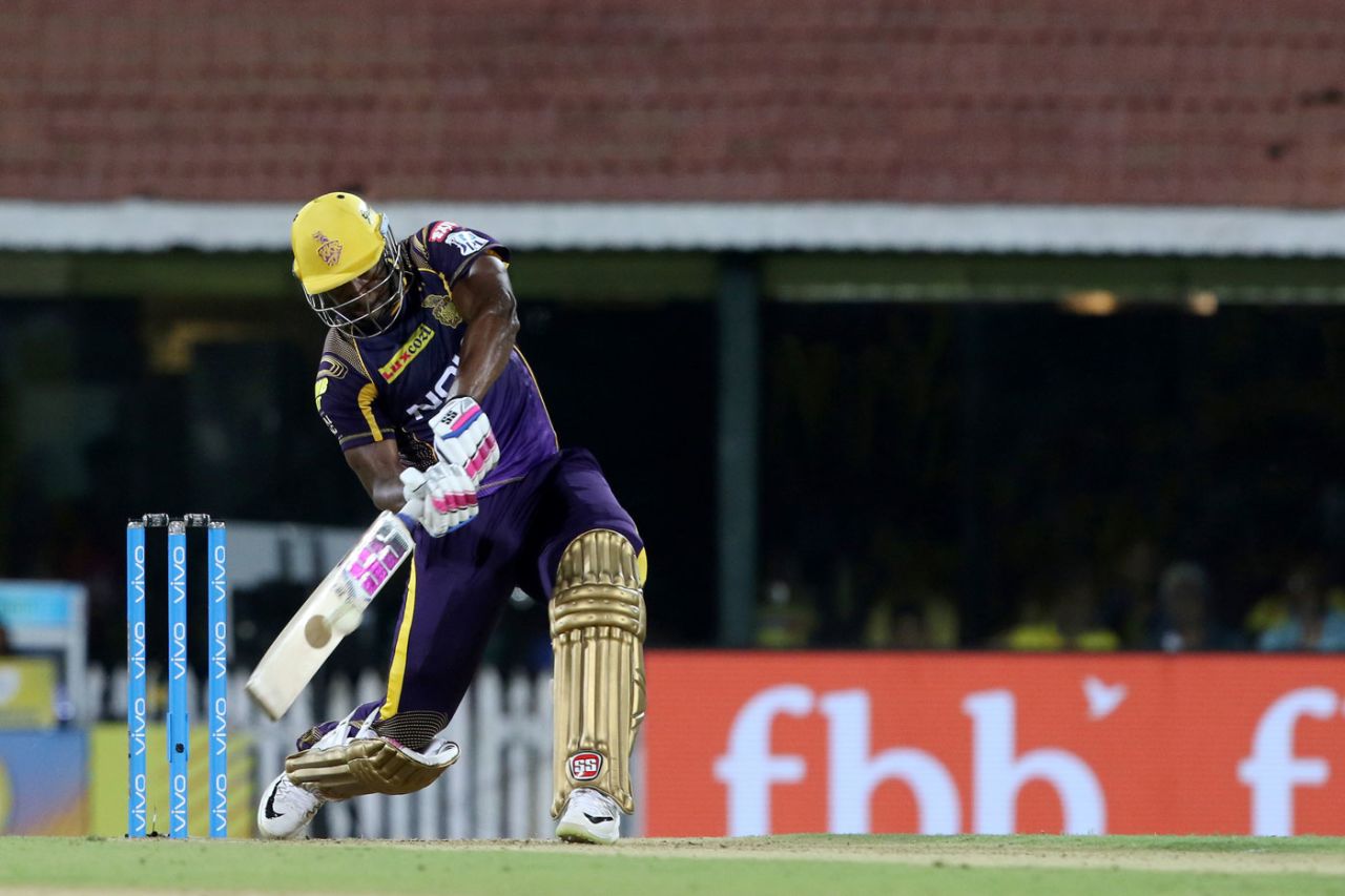 Andre Russell gets one right off the middle, Chennai Super Kings v Kolkata Knight Riders, IPL 2018, Chennai, April 10, 2018