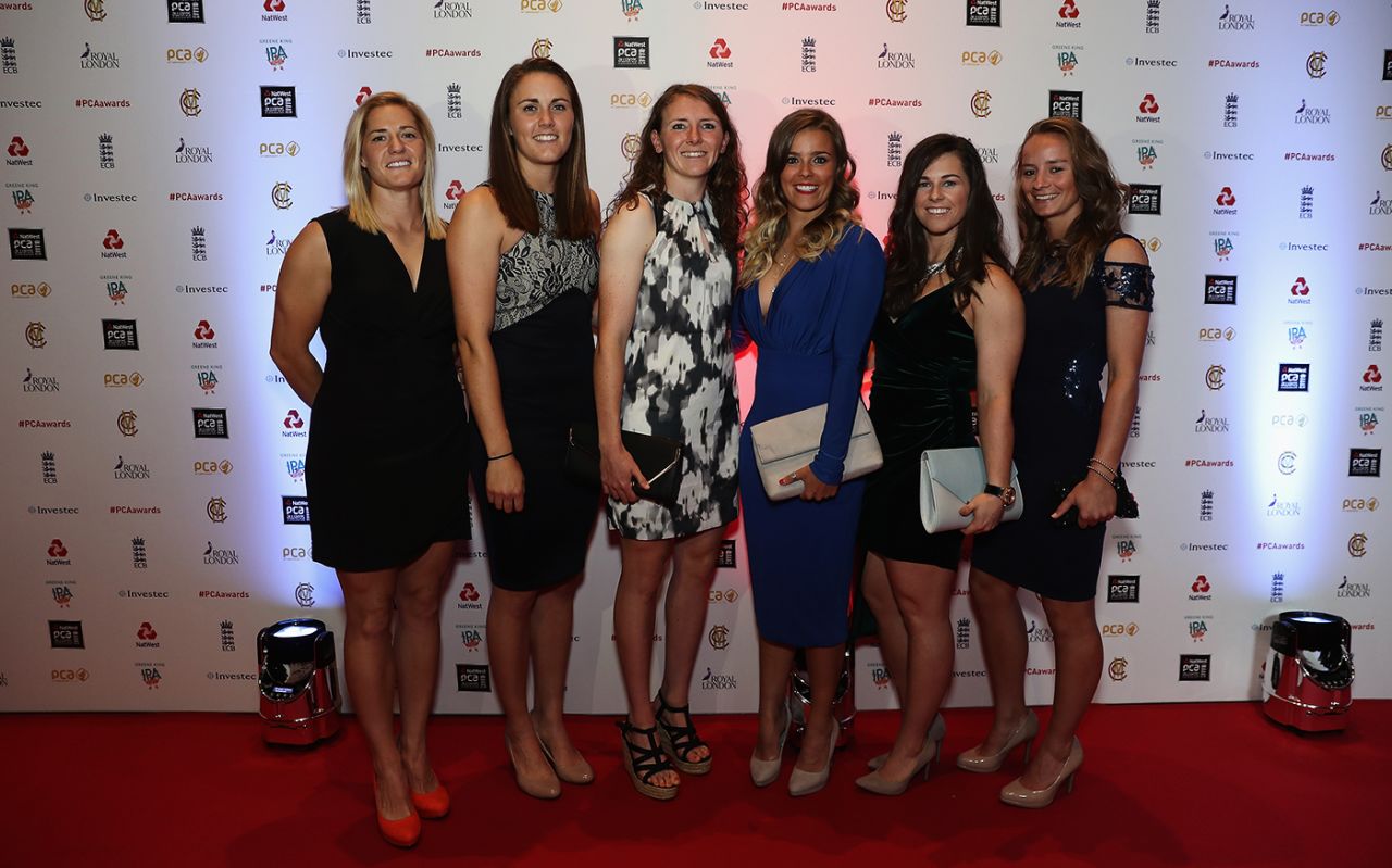 Katherine Brunt, Nat Sciver, Beth Langston, Alex Hartley, Tammy Beaumont and Danni Wyatt at the 2017 PCA awards, London, October 4, 2017