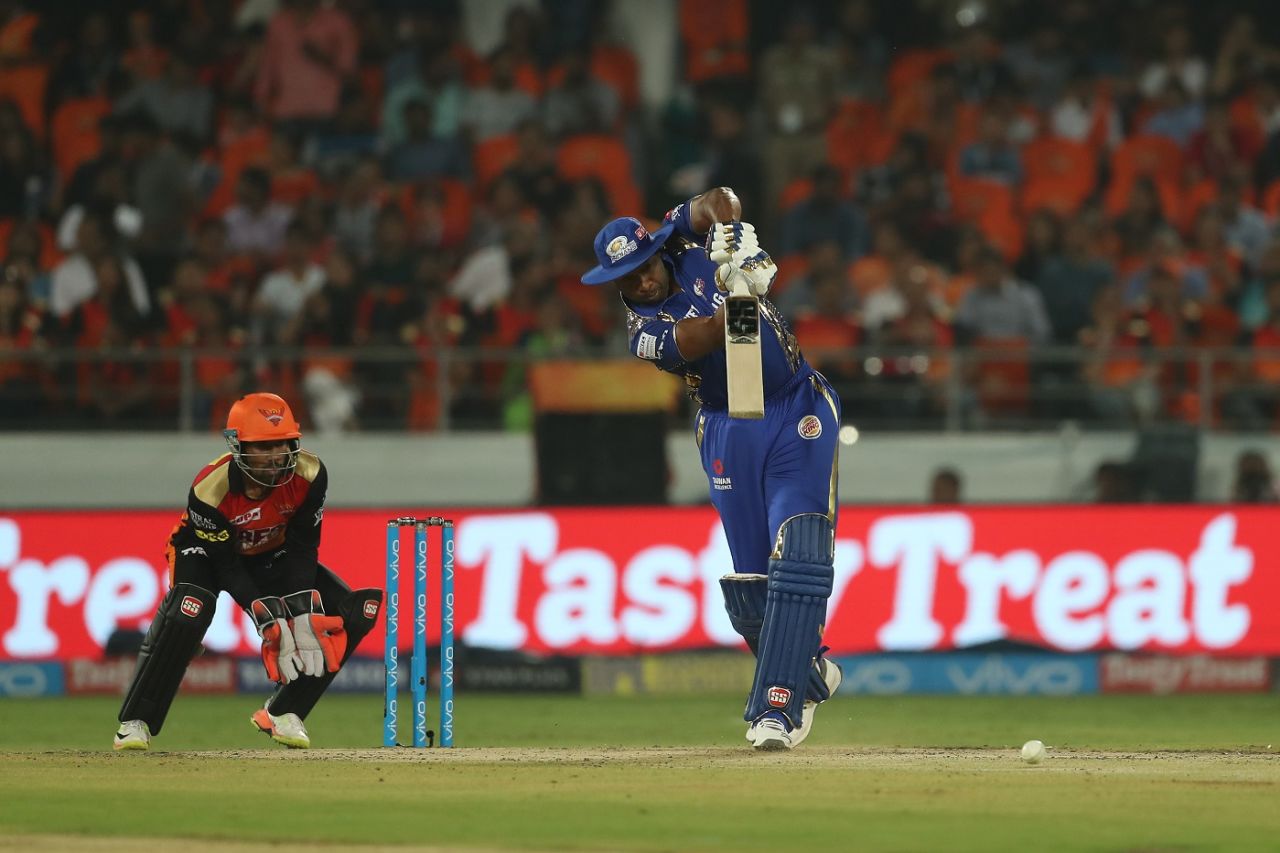 Kieron Pollard struck three fours and two sixes in his 23-ball 28, Sunrisers Hyderabad v Mumbai Indians, IPL 2018, Hyderabad, April 12, 2018 