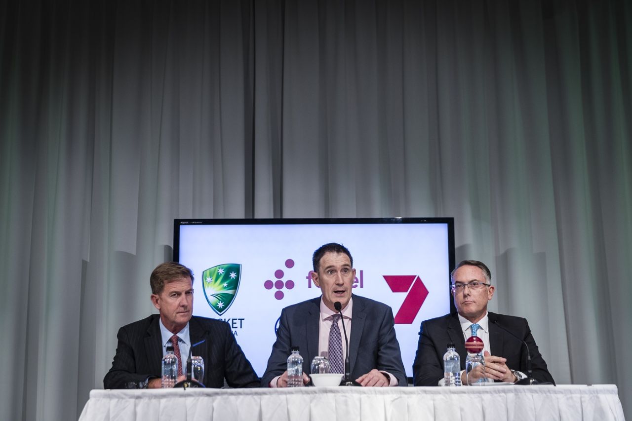 Seven Network CEO Tim Worner,  Cricket Australia CEO James Sutherland, and Fox Sports' Patrick Delany during CA's media rights announcement, Sydney, April 13, 2018
