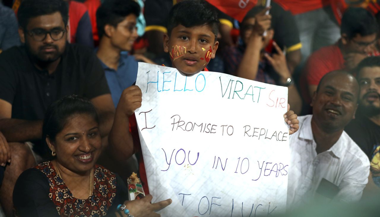 A young spectator with a message for Virat Kohli, Royal Challengers Bangalore v Kings XI Punjab, IPL 2018, Bengaluru, April 13, 2018 