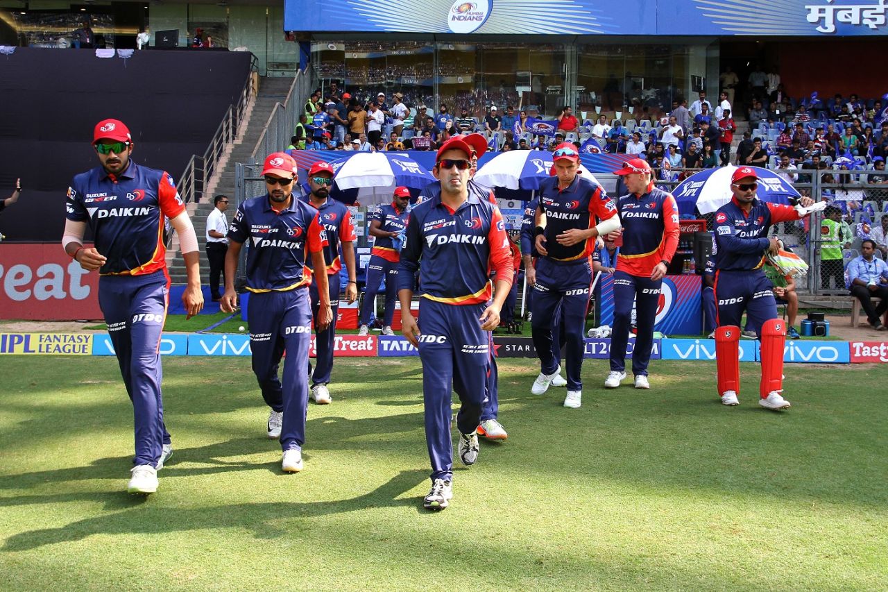 Gautam Gambhir leads his team out, Mumbai Indians v Delhi Daredevils, IPL 2018, Mumbai, April 14, 2018