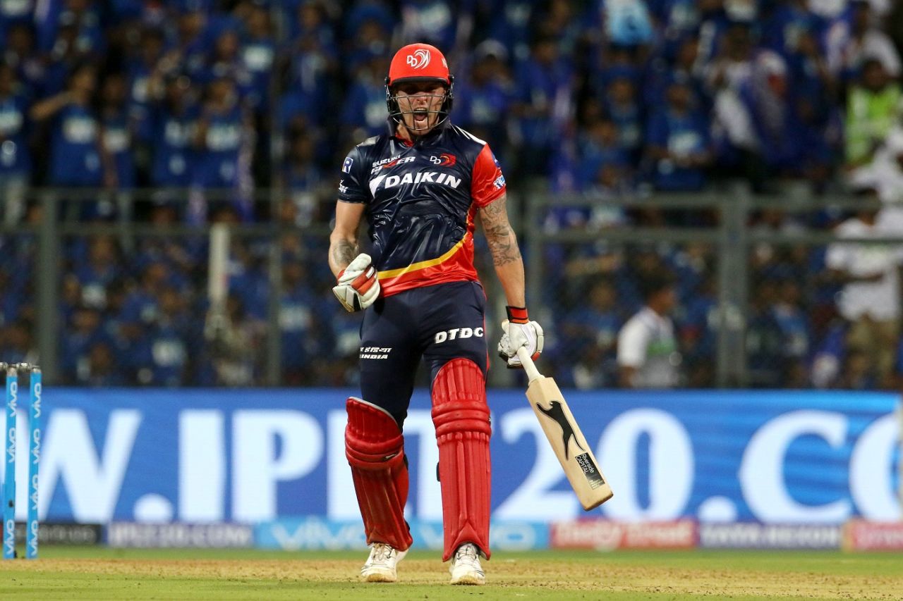 Jason Roy is pumped up after hitting a six in the last over, Mumbai Indians v Delhi Daredevils, IPL 2018, Mumbai, April 14, 2018 
