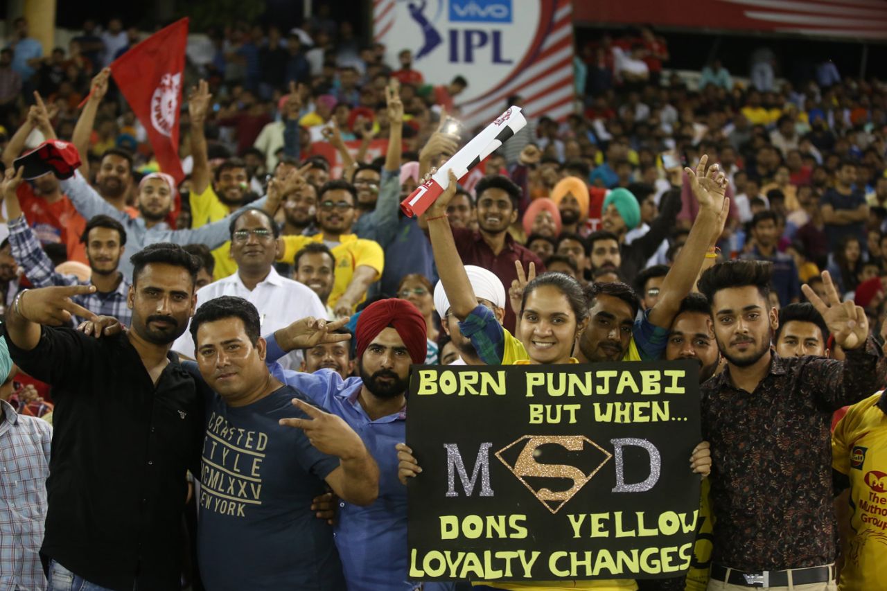 A spectator in Mohali shows her support for MS Dhoni, Kings XI Punjab v Chennai Super Kings, IPL 2018, Mohali, April 15, 2018