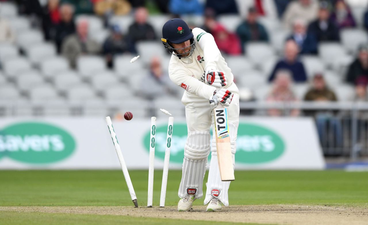 Steven Croft was cleaned up by Jake Ball, County Championship, Division One, Old Trafford, 4th day, April 16, 2018